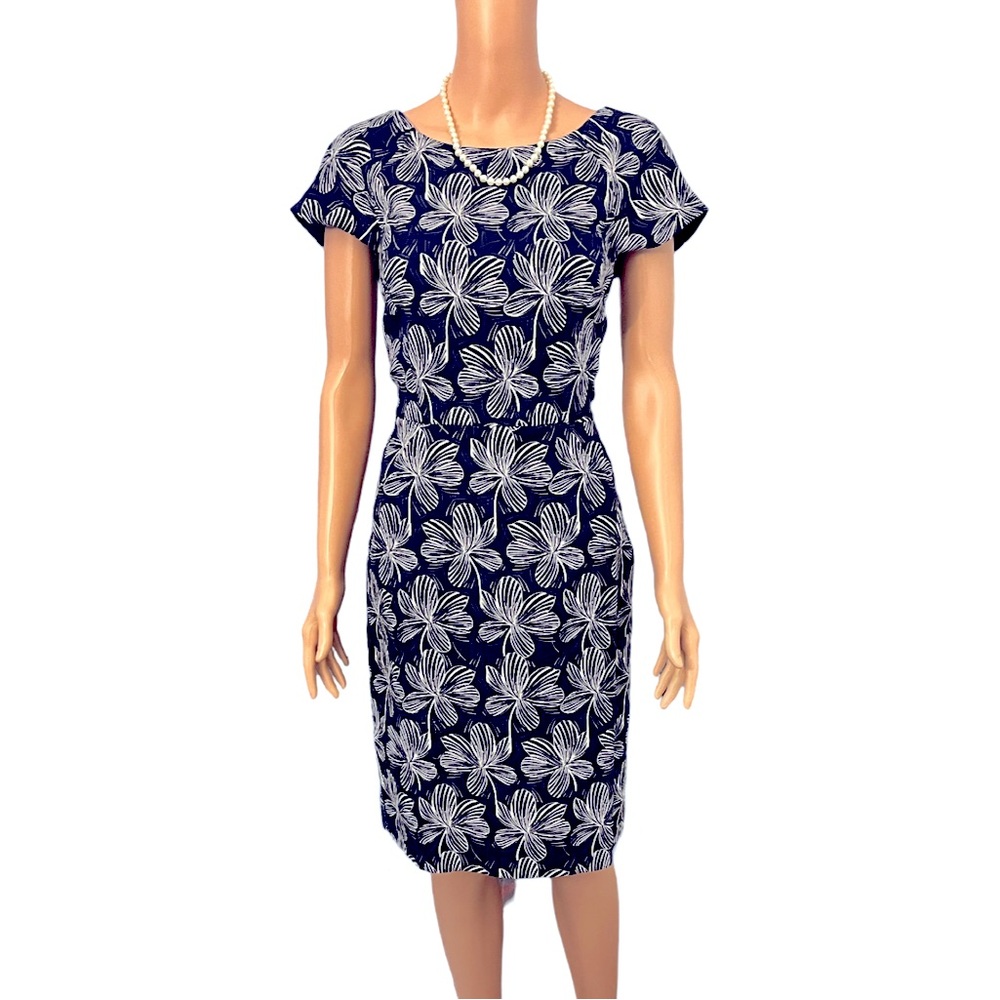 J. Crew navy and white floral dress.